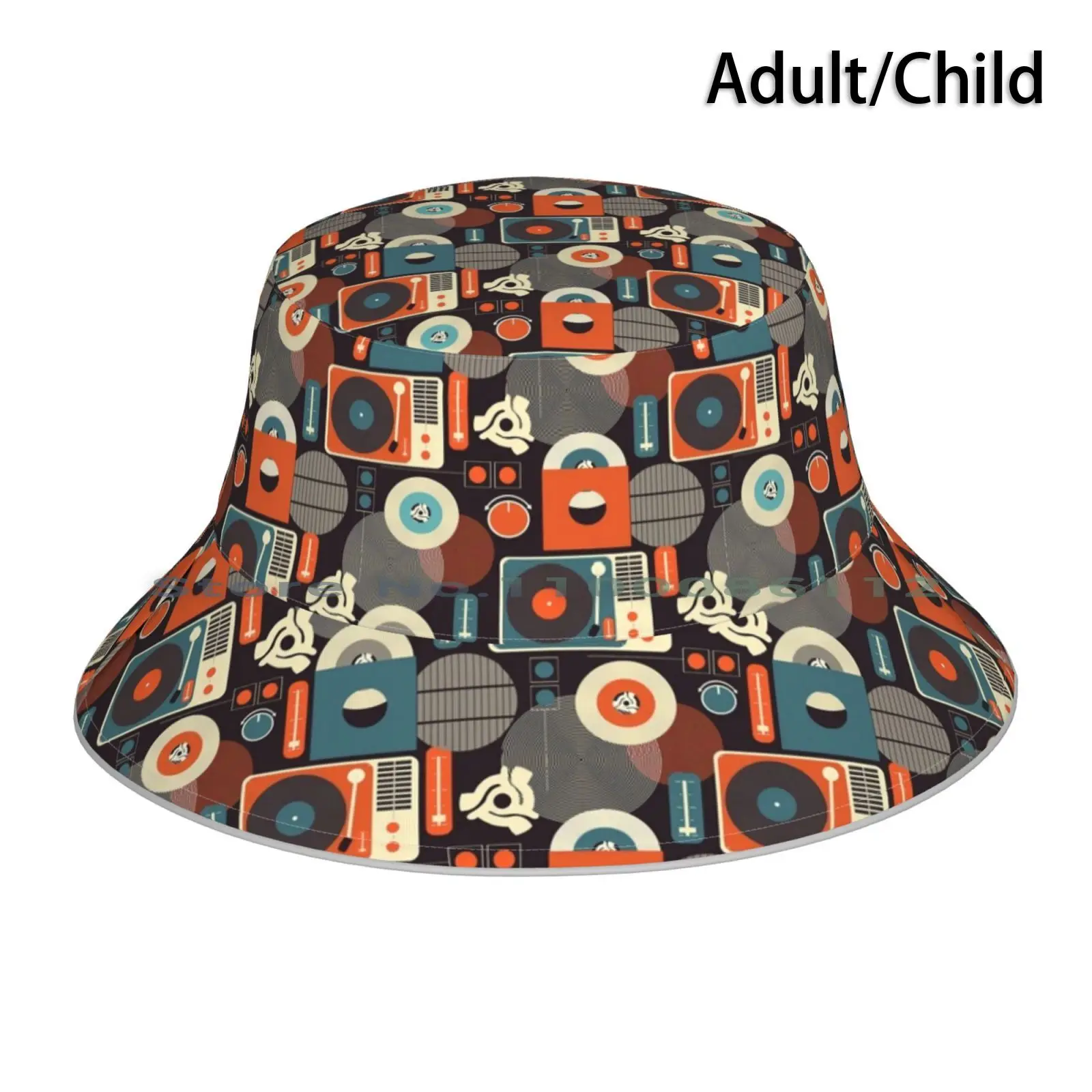 Medley Dark Bucket Hat Sun Cap Music Retro Vintage Orange Mid Century 45 Single Record Player Vinyl Foldable Outdoor Fisherman