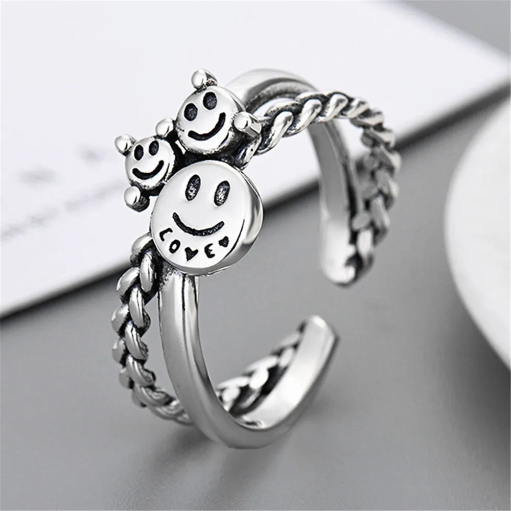 

Z & Versaille Multi Chains Happy Smile Face Open Ring For Women Simple Cute Geometric Smiley Faces Adjustable Rings