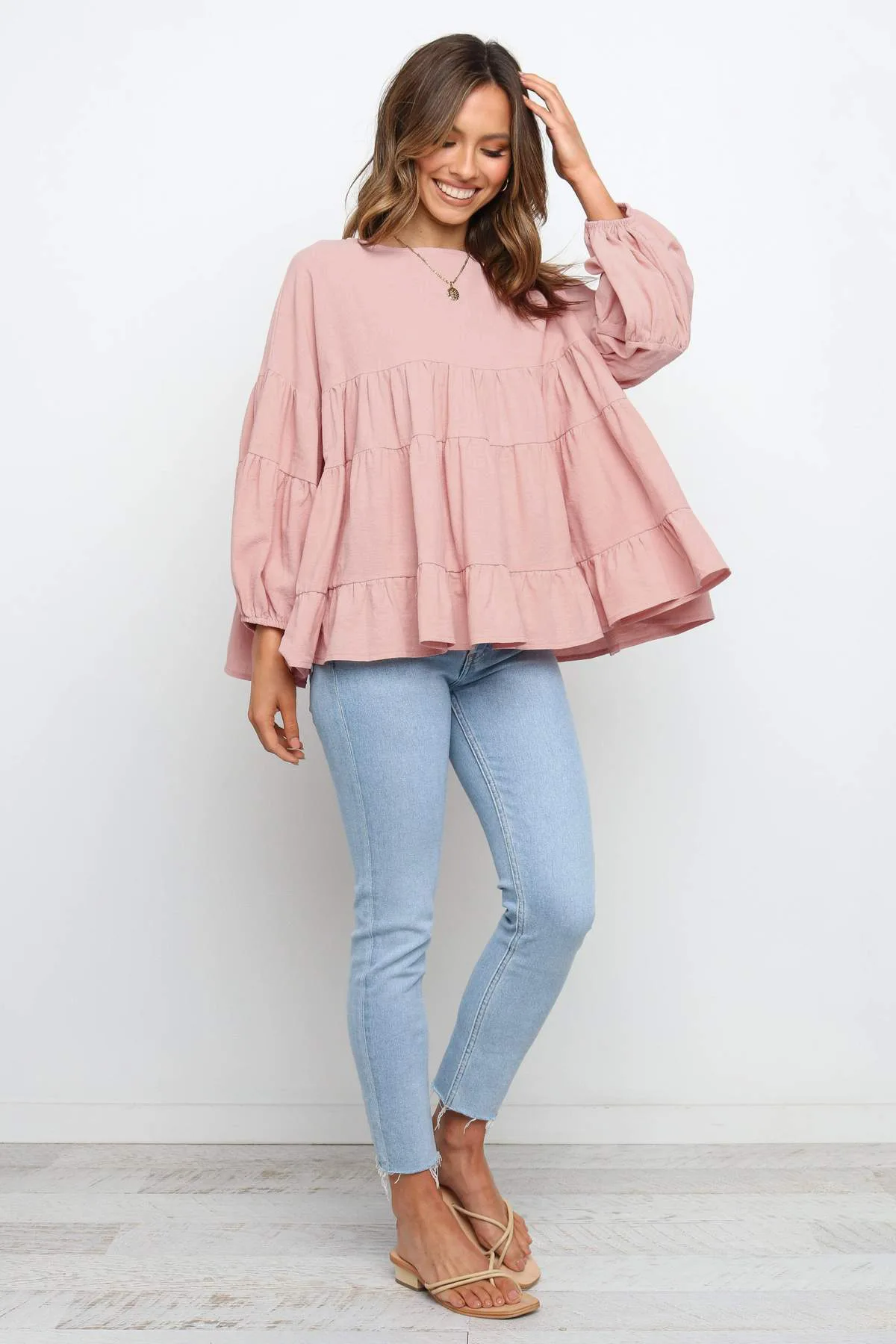 

Solid Color Round Neck Lantern Long Sleeve Big Swing Loose Top Pink Gray Black Orange Green Sweet Tops