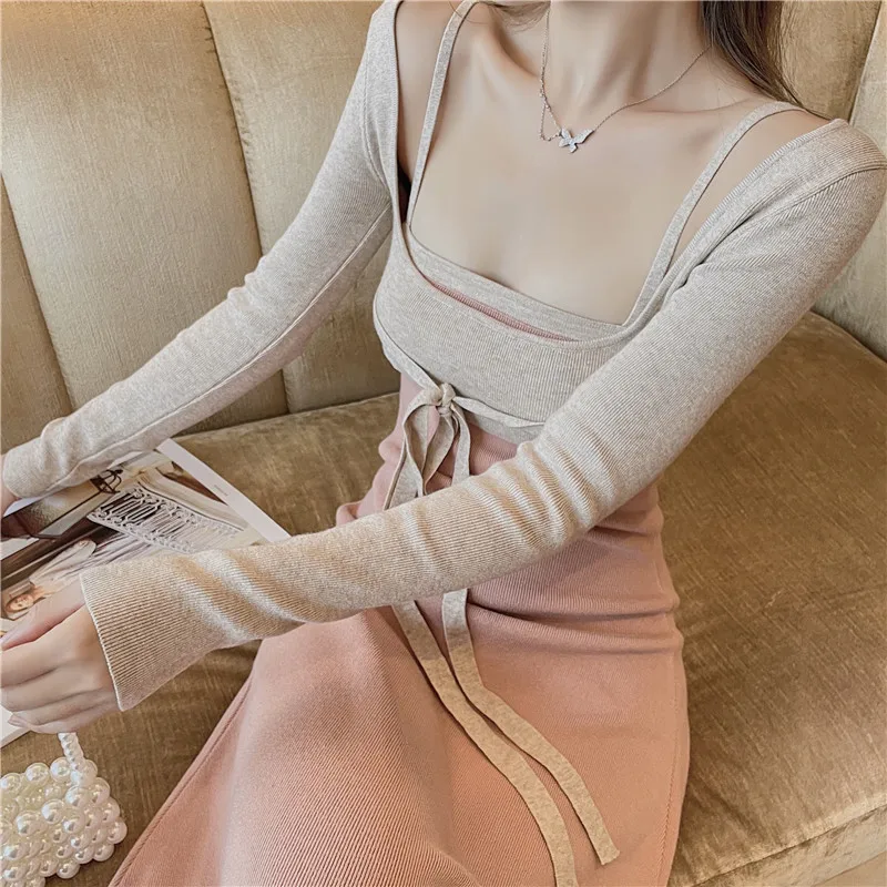 

New High-Quality Winter Women's Casual Long-Sleeved Shirt + Suspender Sweater Vest Two-Piece Tight Dress Suit Stitching Color