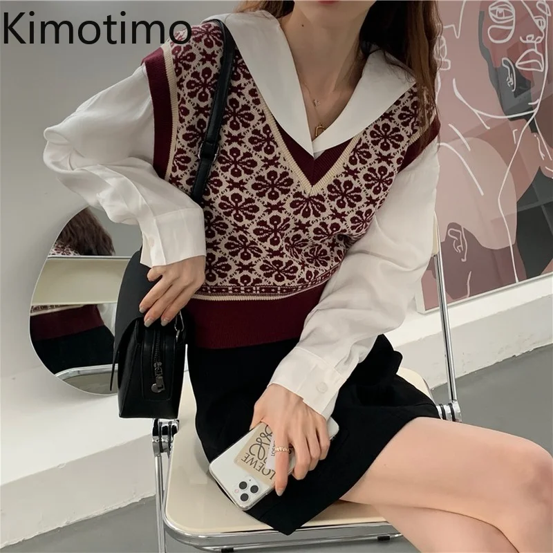 

Kimotimo Jacquard Sweater Vest Women 2021 Autumn Vintage V-neck Sleeveless Waistcoat Korean Ins Outwear All-match Knit Vests