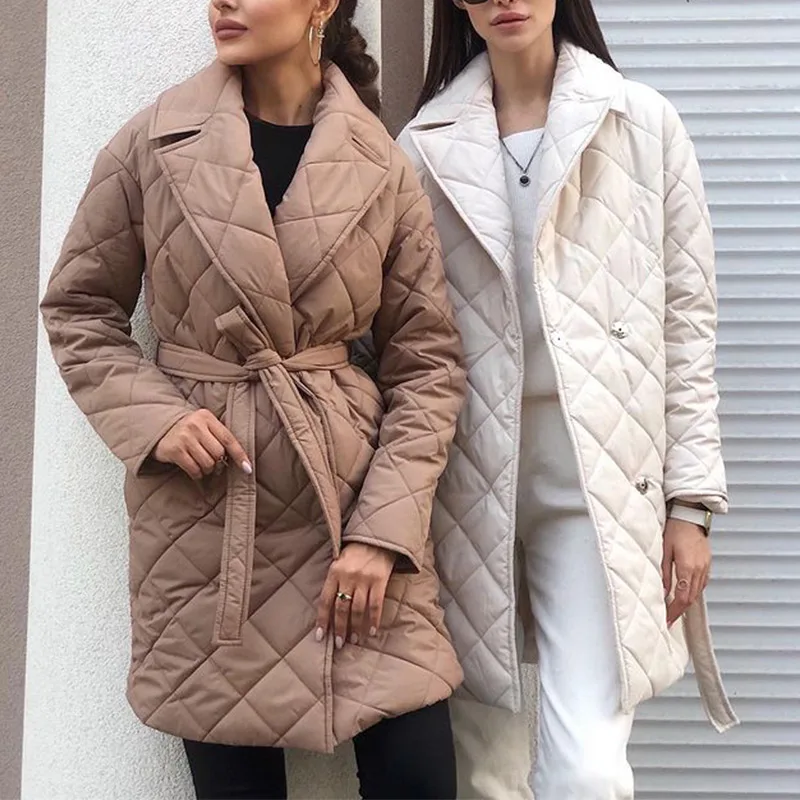 

Women Long Straight Winter Coats Solid Rhombus Pattern Casual Sashes Parkas Pockets Tailored Collar Ladies Stylish Outerwear