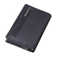 men aluminum 100 genuine leather id card credit card zipper coin purse automatic pop up anti theft holder rfid metal wallet