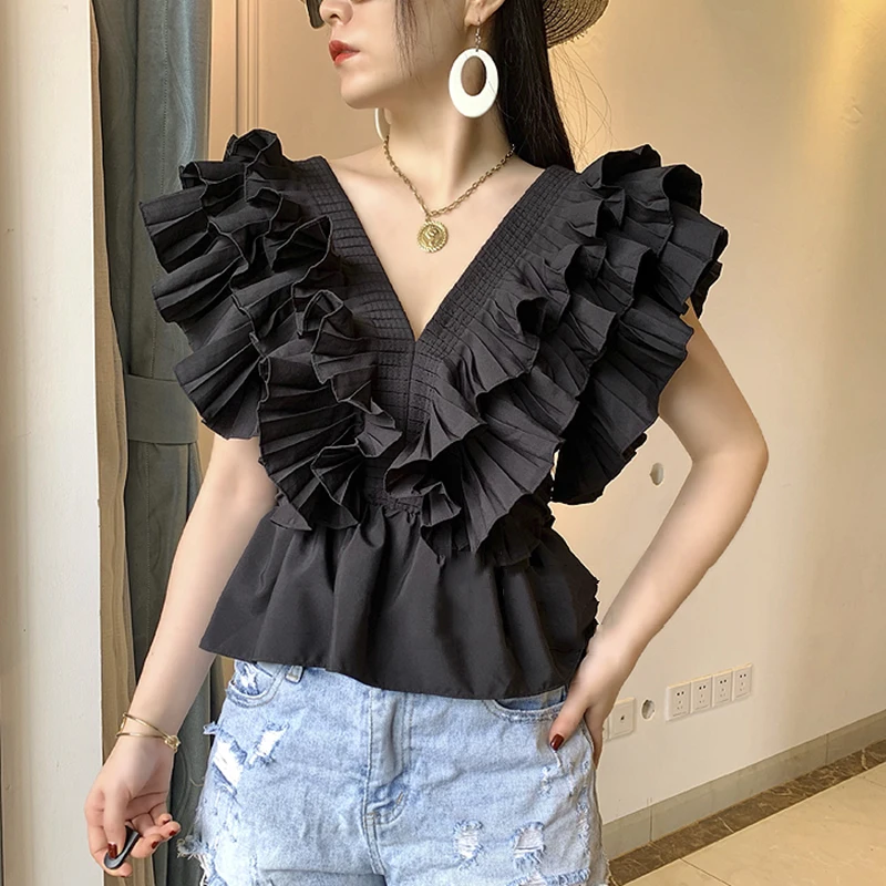 

SISPELL Patchwork Ruffle Blouse Shirt For Female V Neck Sleeveless High Waist Slimming Ruched Women's Casual Shirt Fashion 2021