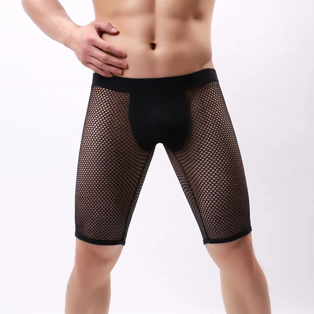 Men's Panties Sexy Boxer Briefs Fishnet Mesh Underpants Long Boxer Running Sports Perspective Breathable Underwear