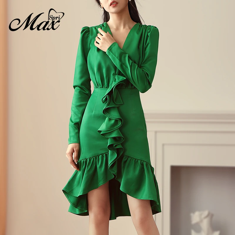 Женское платье с V-образным вырезом Max Spri элегантное офисное длинными рукавами