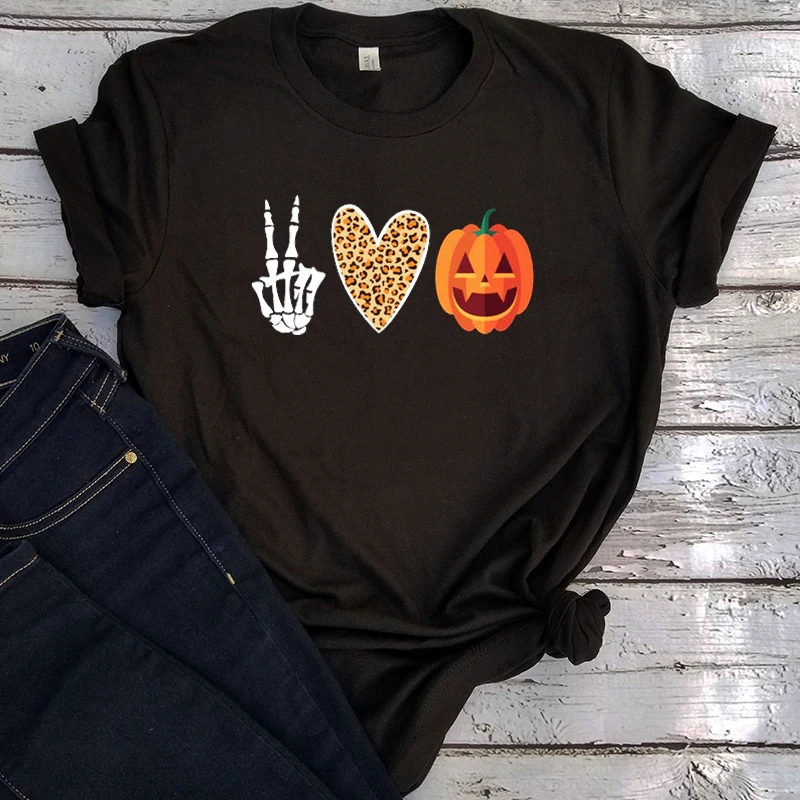 

Peace Love рубашка с рисунком тыквы 2021, графическая женская футболка на Хэллоуин с леопардовым сердцем, кавайная одежда с тыквой, винтажная одеж...