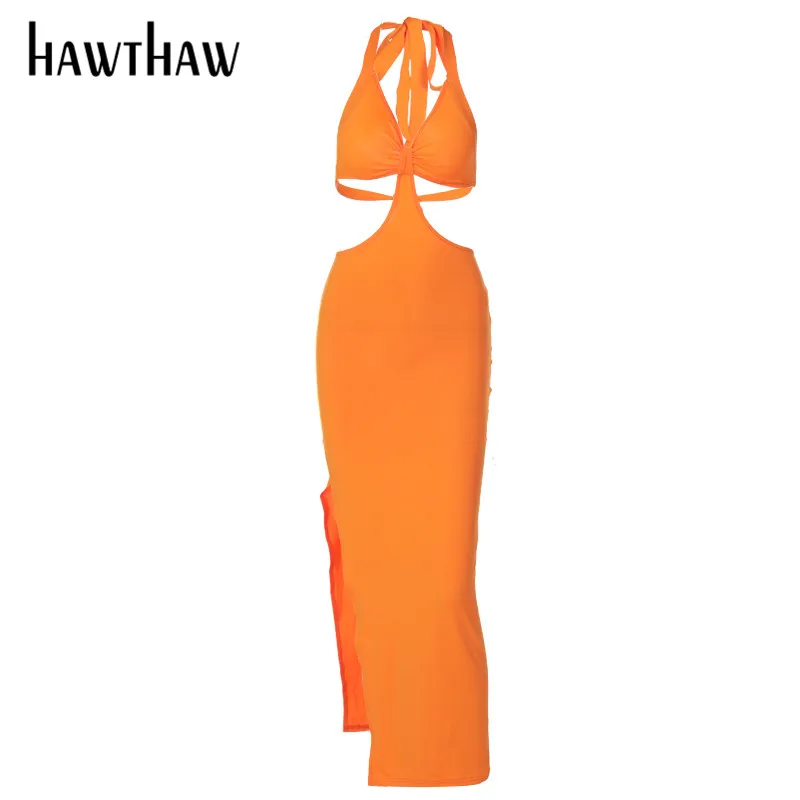 

Hawthaw Women Summer V Neck Halter Party Hollow Out Backless Bodycon Split Dress Sundress 2021 Female Clothing Streetwear