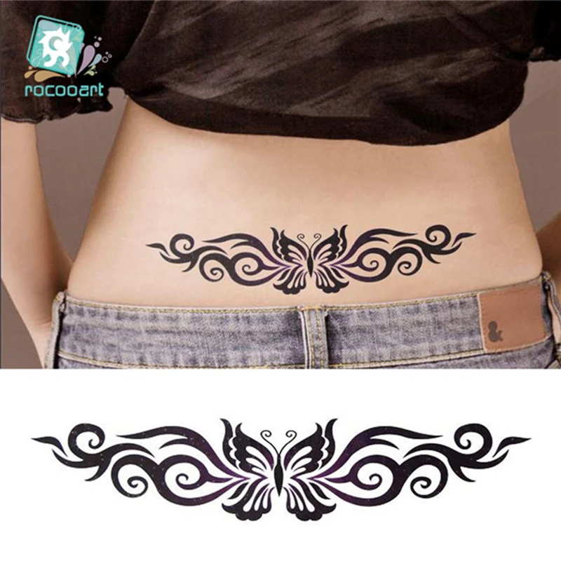 Faux tatouage temporaire noir motif papillon pour filles  autocollant pour jambes et ventre