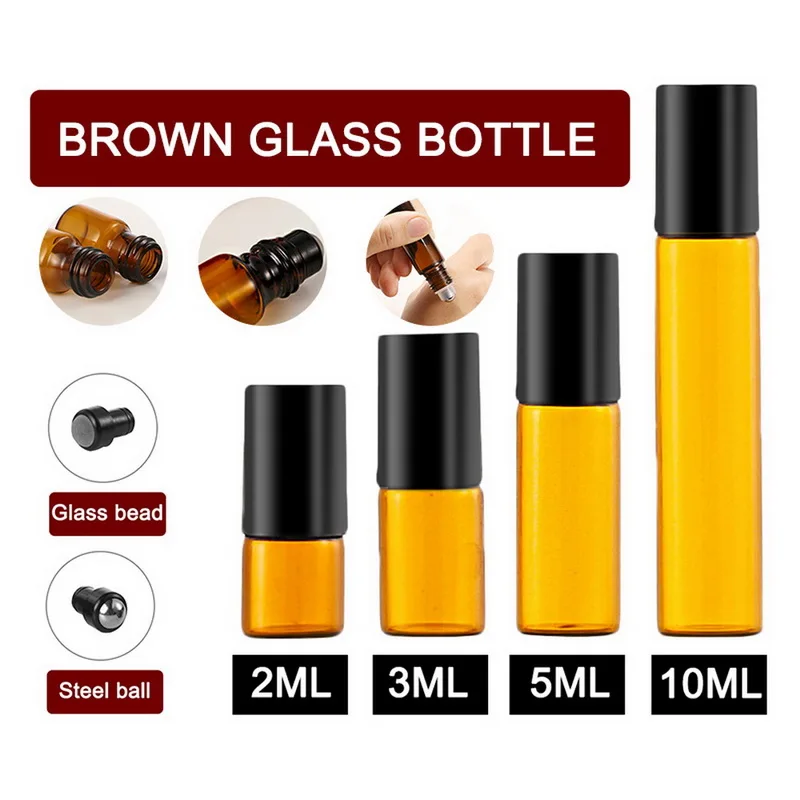 

10PCS/SET 3ml 5ml 10ml Container Jars Cosmetic Organizer Boxes Essential Oil Bottles Refillable Brown Glass Sample Bottle Gift