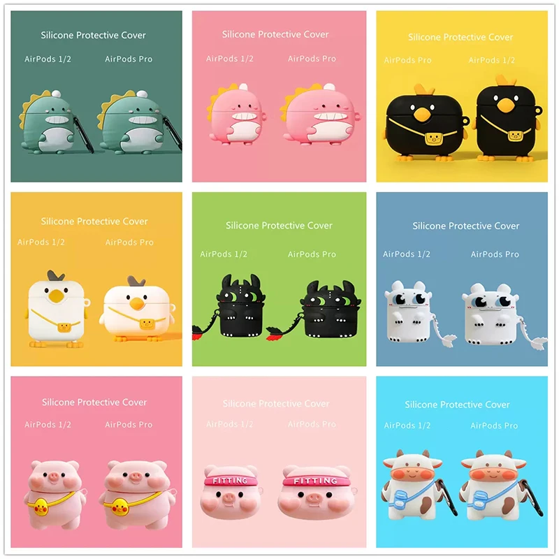 

3D Cute Cartoon Pig Cow Duck Dragon Fury Bluetooth Earphones Soft Silicone Protective Cover For Apple Airpods 123 Pro Box Case