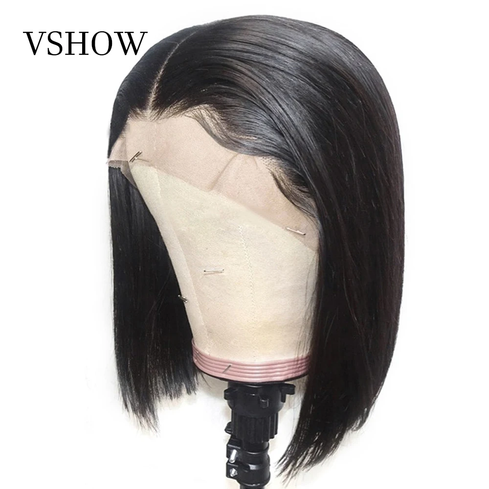 VSHOW 13x4 прямые короткие парики на кружеве Натуральный Цвет 130% 150% 180% плотность бразильские Remy человеческие волосы боб парики
