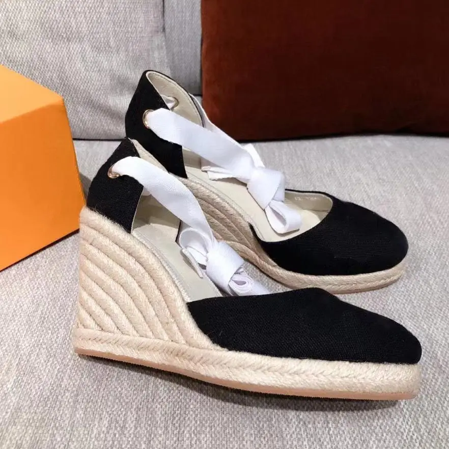 

Ollymurs Womens Fashion High Wedge Espadrille Canvas Embroidered Rope Platform Sole Sandal Summer Ribbon Ties Shoes