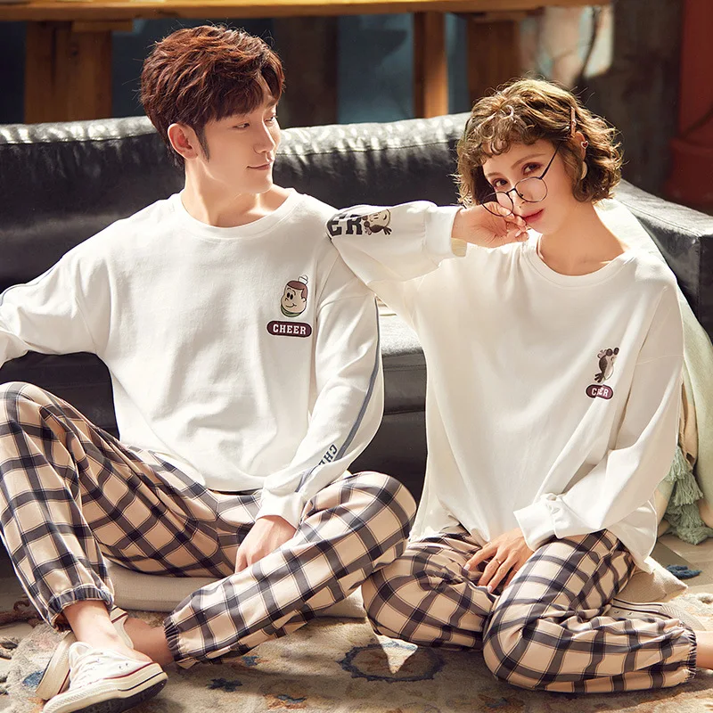 

Spring Couple Cartoon Sleepwear Cotton Women Pajama mujer invierno Set Casual Fashion Home Suit Pijama tops+pant