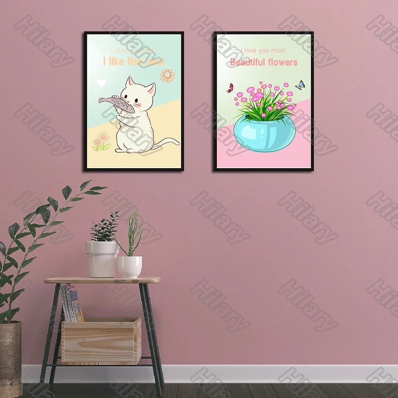 

Posters Cartoon Cat Eats Fish Flowers Butterfly Canvas Painting and Prints Wall Art Decoration for Living Room and Bedroom 2Pcs