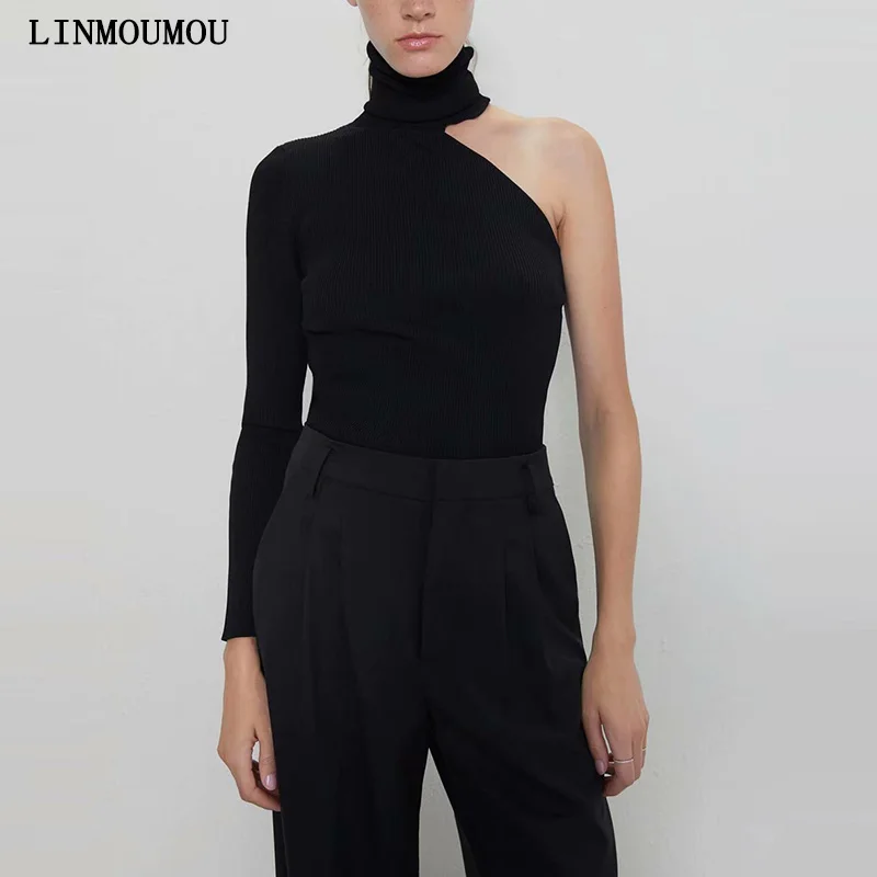 Women's fashion new sweater pure color high collar one shoulder long sleeve slim asymmetric | Женская одежда