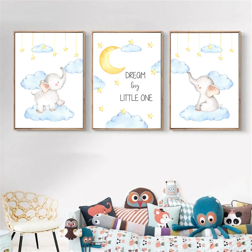 Мультяшные принты слона синие облака настенная живопись детская на холсте