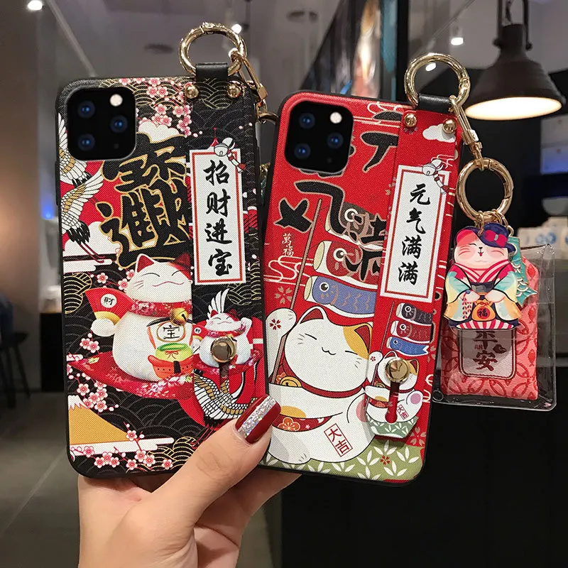 lucky cat wristband bracket shell phone case for samsung s8 9 10 20 21 22 ultra plus note 8 9 10 20 ultra plus case back cover free global shipping
