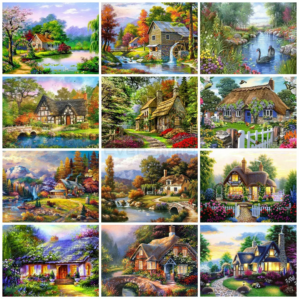 

CraftArtGo 5D DIY Diamond Embroidery Woods hut Full Square Round Rhinestone Mosaic Painting Cross Stitch Flowers Diamond Kit