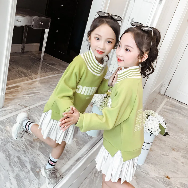 Детская зимняя одежда; Roupa Infantil Menina; свитер для девочек; платье с флисовой подкладкой; теплое платье-рубашка с эластичным воротником в рубчик; плиссированная нижняя часть