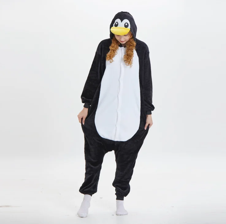 Kigurumi/черные пижамы для взрослых и детей с пингвином фланелевый костюм