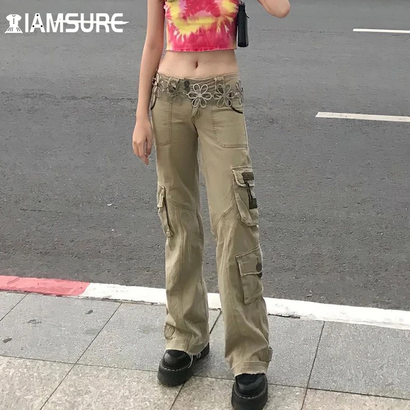 

IAMSURE Pockets Cargo Pants Streetwear Loose Solid Low Waisted Women'S Trousers Wide Leg Pants 2021 Fashion Baggy Outfits Lady
