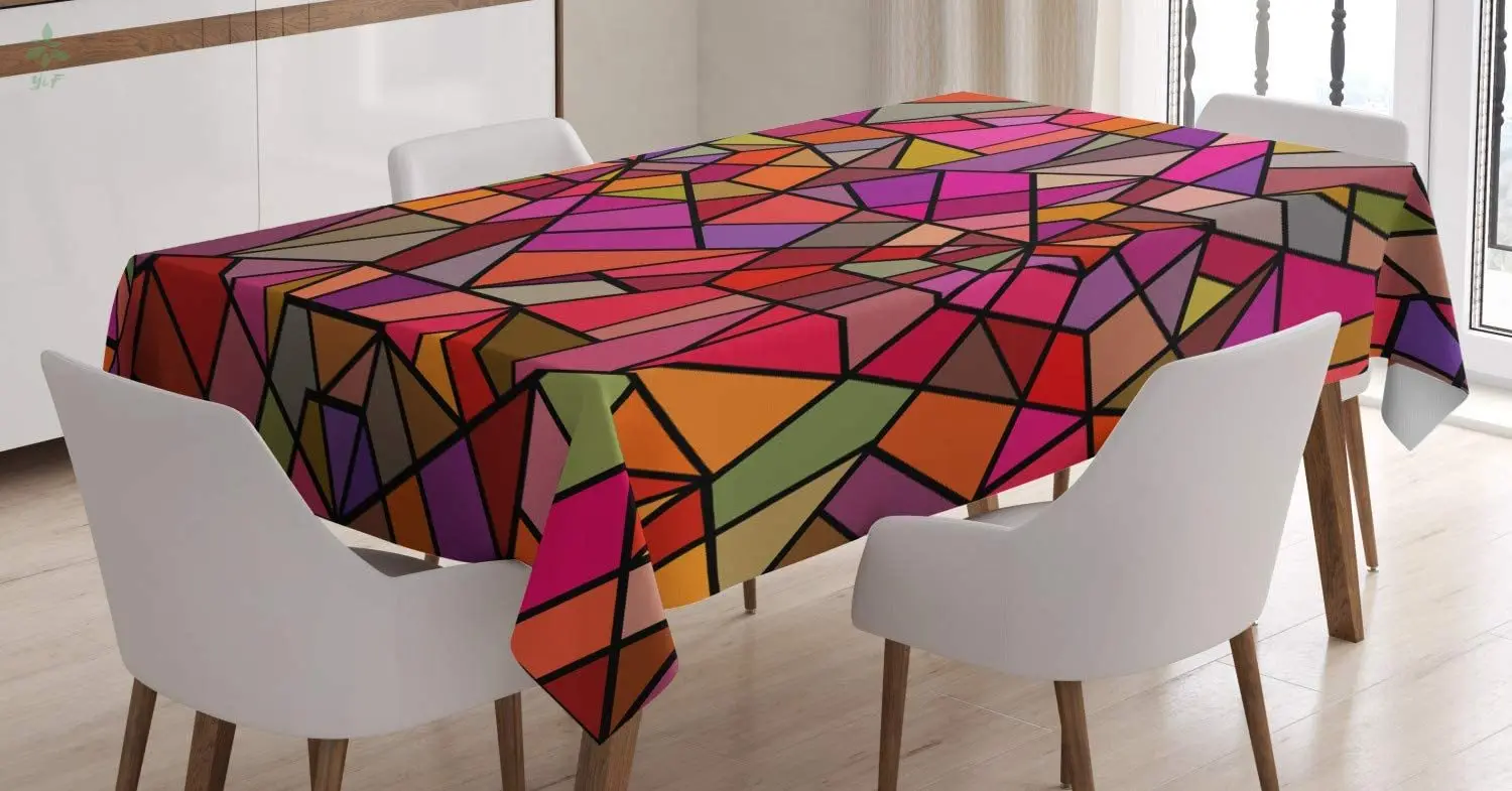 Abstract Tablecloth Mosaic Style Stained Glass Fractal Colorful Geometric Triangle Forms Image Table Cover For Dining Decor | Дом и сад