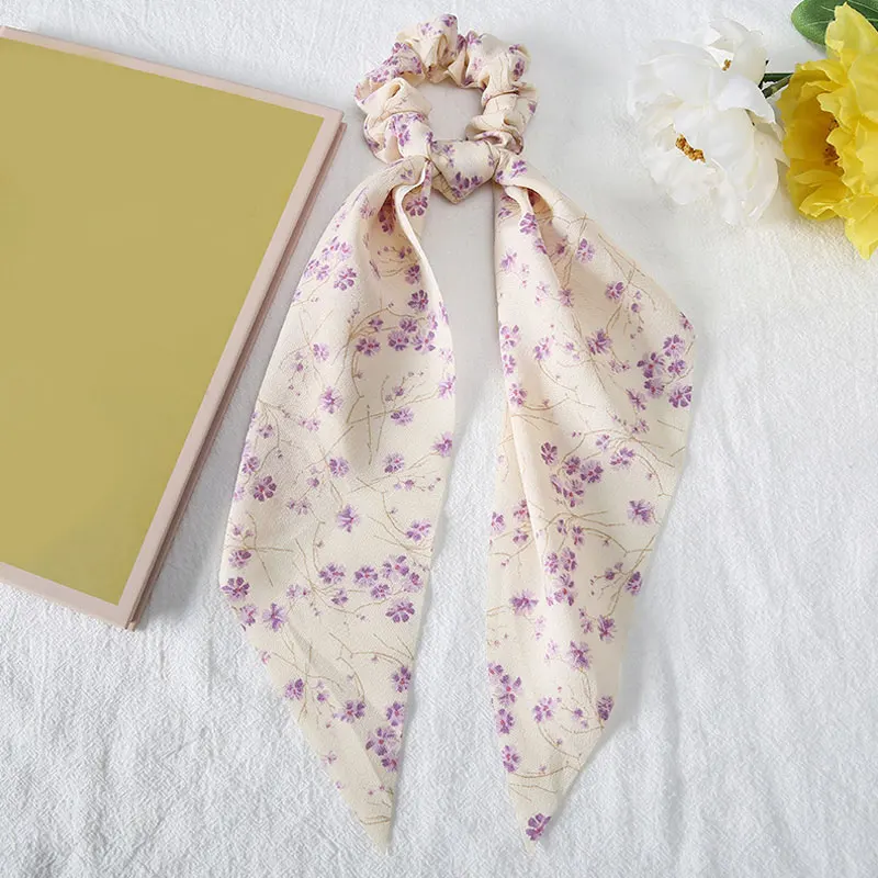 

Fashion Floral Print Scrunchies Solid Color Hair Ribbon For Women Ponytail scarf Satin Silk Elastic Hair Bands Hair Accessories