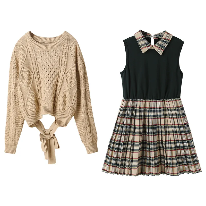 

Winter thickened suit 2020 new sweater set plaid skirt sisters' dress for girls and children