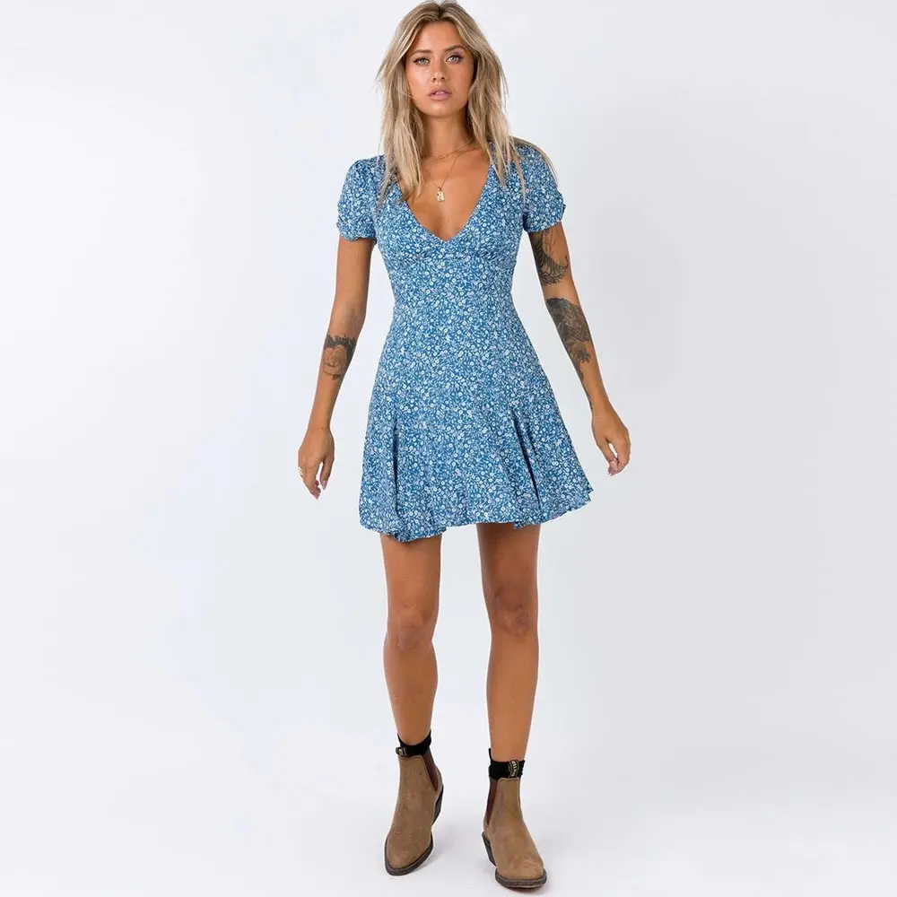 Платье WildPinky женское голубое пляжное с цветочным принтом сарафан-трапеция в