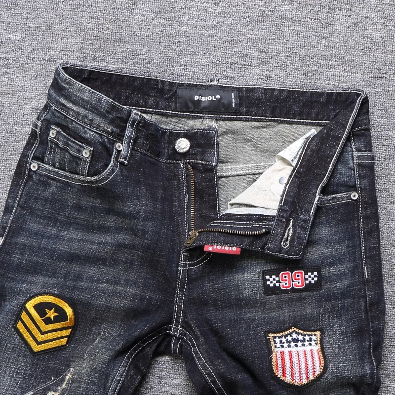 

Italian Style Fashion Men Jeans Retro Black Blue Slim Fit Patches Designer Ripped Jeans Men Streetwear Hip Hop Pants Biker Jeans