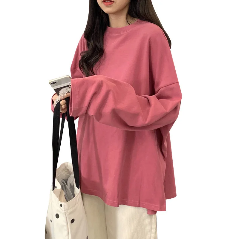 

Autumn new Korean long sleeve T-shirt women's solid color loose split round neck versatile casual bottoming top women's wear