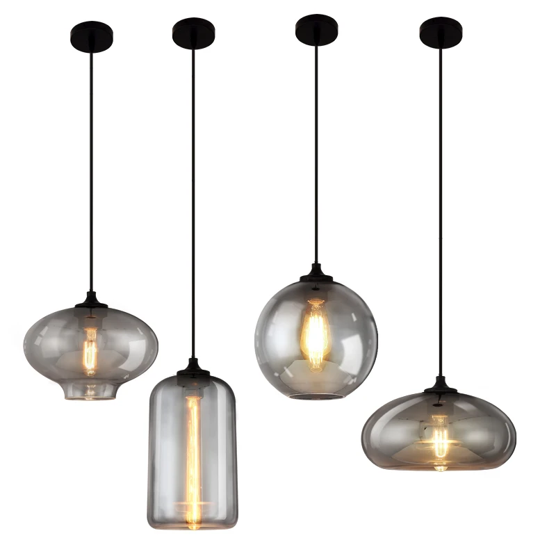 

American Vintage Smoke Gray Glass Pendant Lights Living Room Nordic Led Hanglamp Loft Industrial Hanging Lamp Decor Luminaire