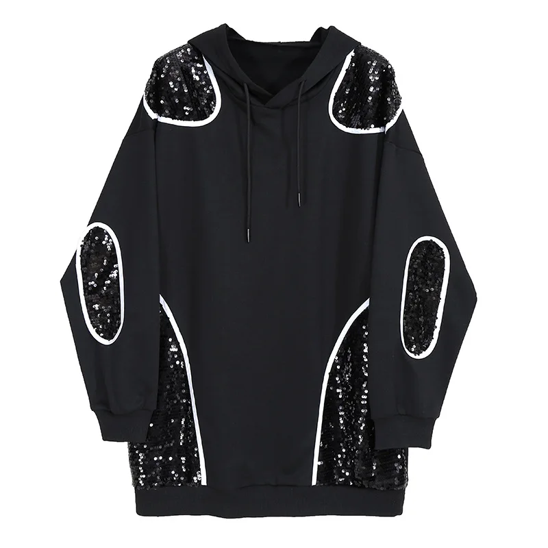 

SuperAen 2021 New Streetwear Sequins Full Loose Hooded Sweatshirt Women