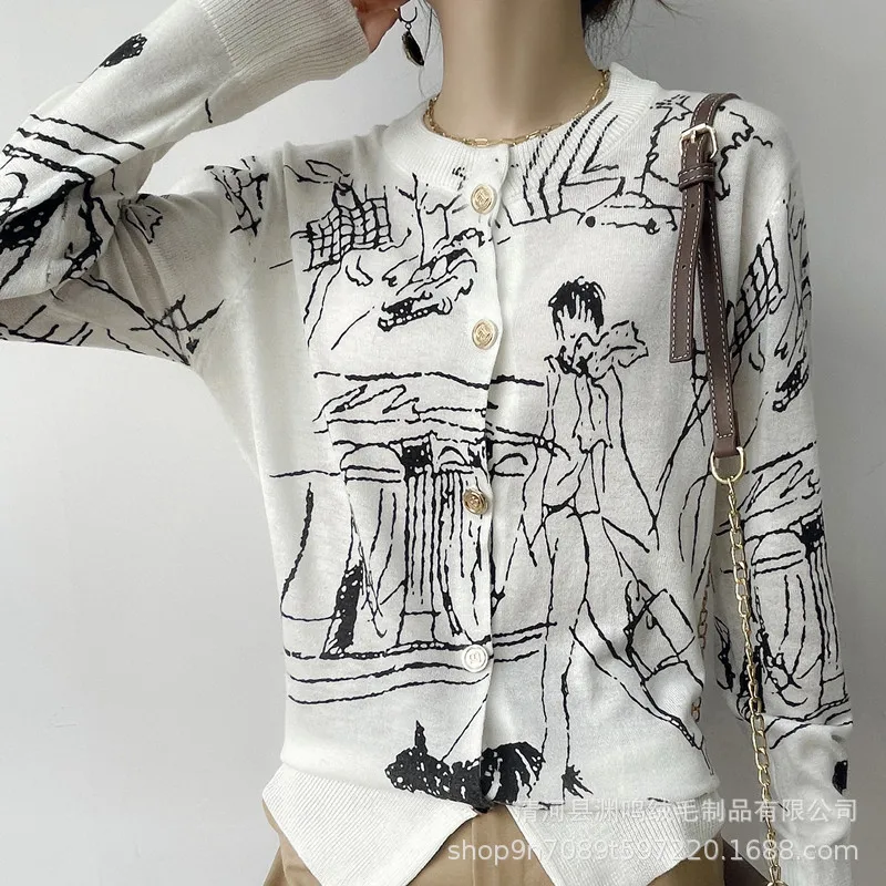 

21 early autumn new printed round neck long sleeve straight tube wool knitted cardigan women's coat sweater wholesale
