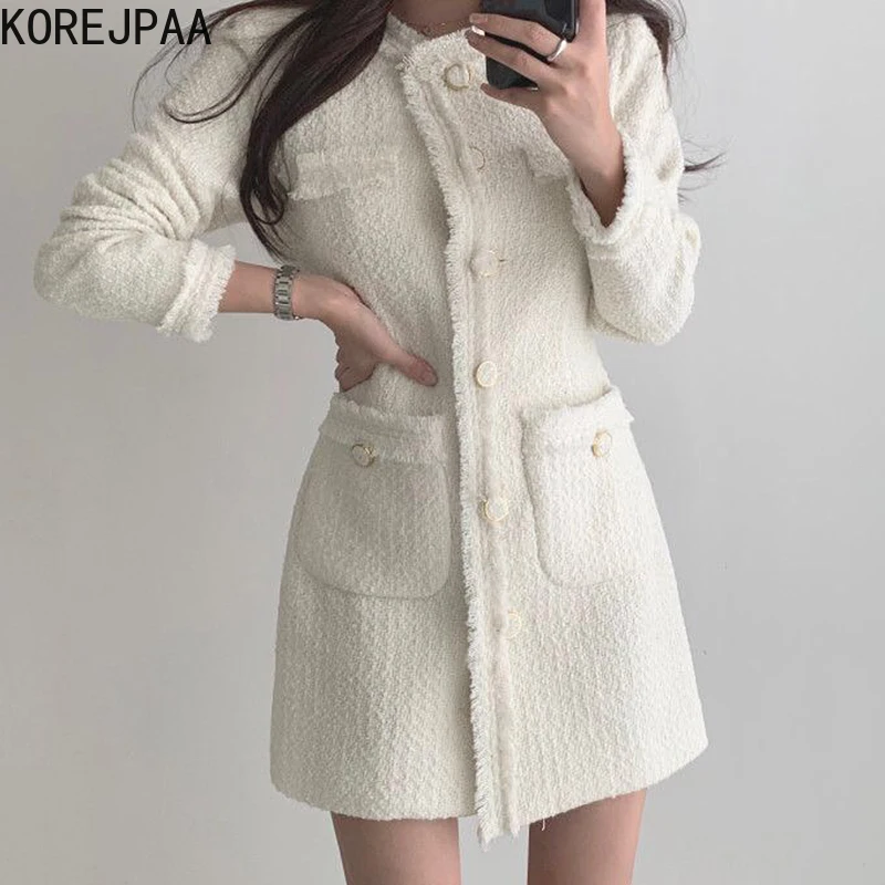 

Korejpaa Women Dress 2021 South Korean Fashion Elegant O-necked Su-side Design Single Breasted Pocket Long-sleeved Tweed Vestido