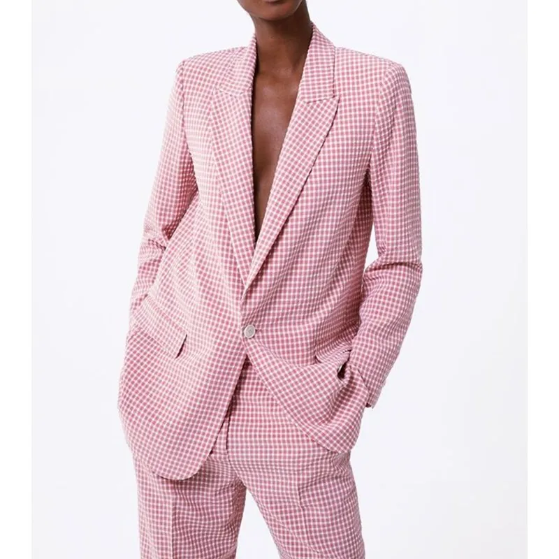 Женский клетчатый блейзер с длинным рукавом на одной пуговице розовый пиджак в