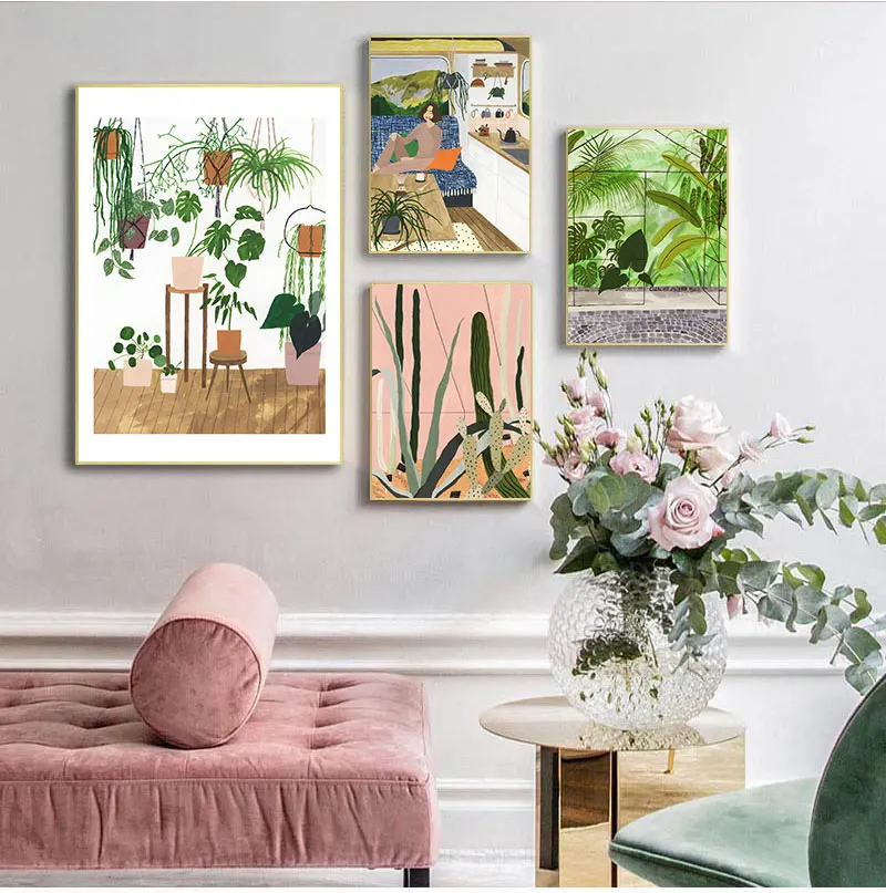 

Fashion Girl Plants Leaves illustration Wall Art Canvas Painting Nordic s And Prints Wall Picture For Living Room Decor