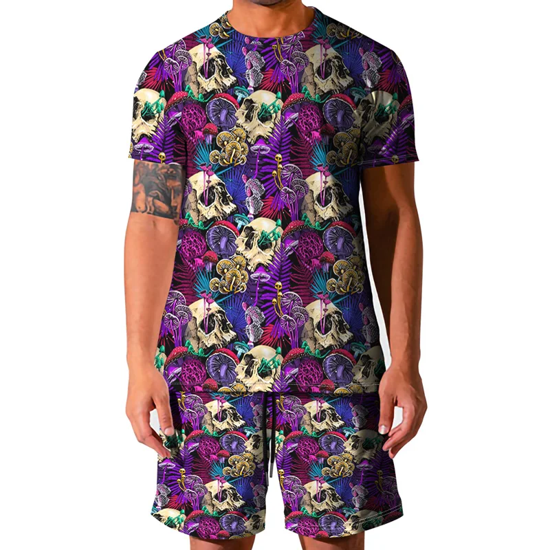 

Casual Short Sleeved Sets 2021 Summer New Harajuku Tees + Shorts Fashion 3D Skeleton Printing 2 Piece Suit Mens Clothing