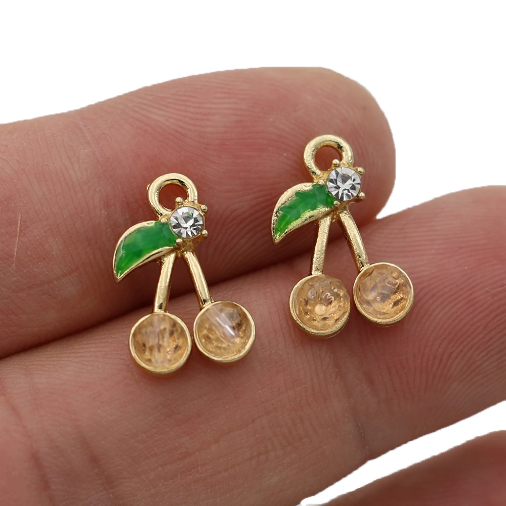 

10Pcs Gold Plated Enamel Crystal Cherry Charm Pendant for Jewelry Making Bracelet Necklace DIY Accessories Craft Findings