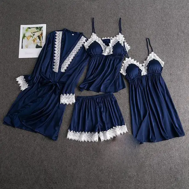 Blue 4PCS Женское сексуальное кружевное кимоно, халат, атласное однотонное платье для свадьбы, невесты, подружек невесты, ночная рубашка, кружевное вискозное Женское ночное белье, пижама - Цвет: Blue 4PCS