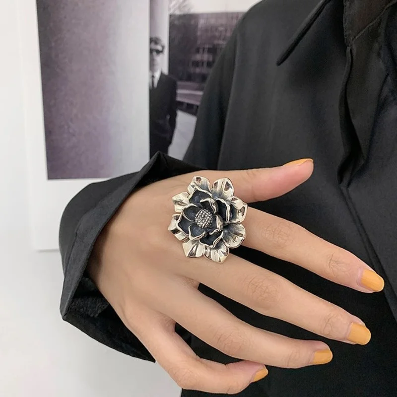 Retro Punk Flower Ring Plating Thai Silver Opening Adjustable Peony Flower Chrysanthemum Ring  for women