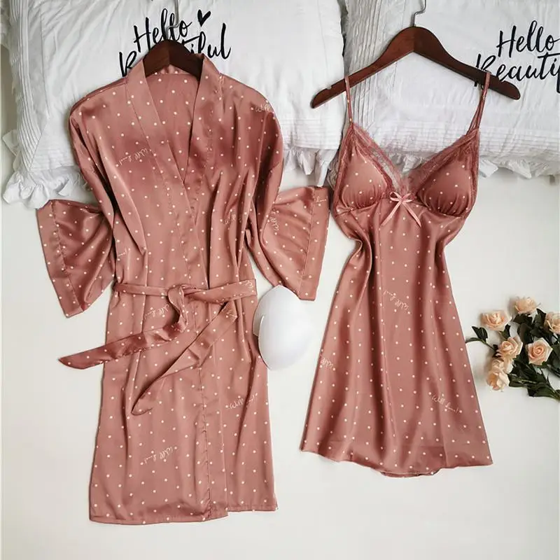 

Women Print Dot Wedding Robe Set Sleepwear Ladies Casual Intimate Lingerie Nightgown Nightdress Soft Homewear Kimono Gown