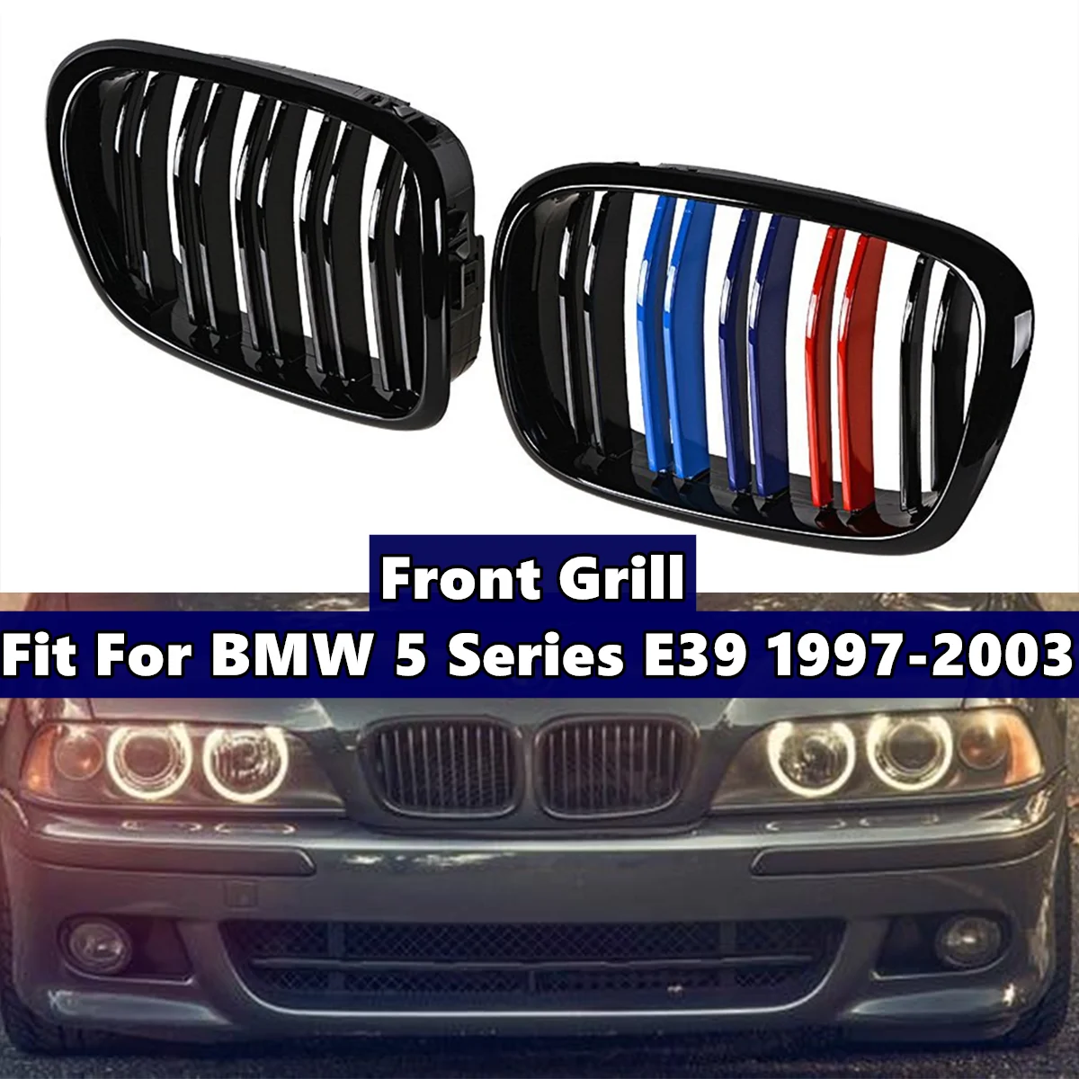 2Pcs Front Bumper Hood Kidney Grill M Sport Style Dual Slat Grilles For BMW 5-Series E39 1995-2004 Matte Glossy Black