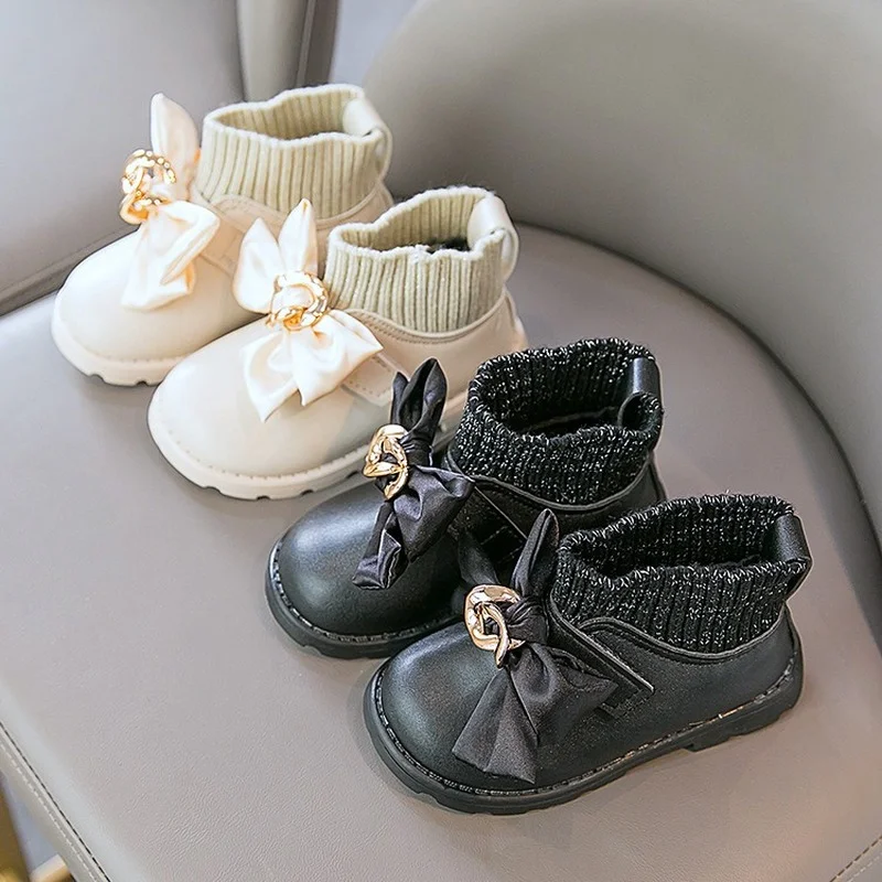 

2022 Baby Girls Solid with Metal Bow Kids Fashion Winter Warm Sock Shoes Princess Waterproof PU Girls School Shoes Drop Shipping