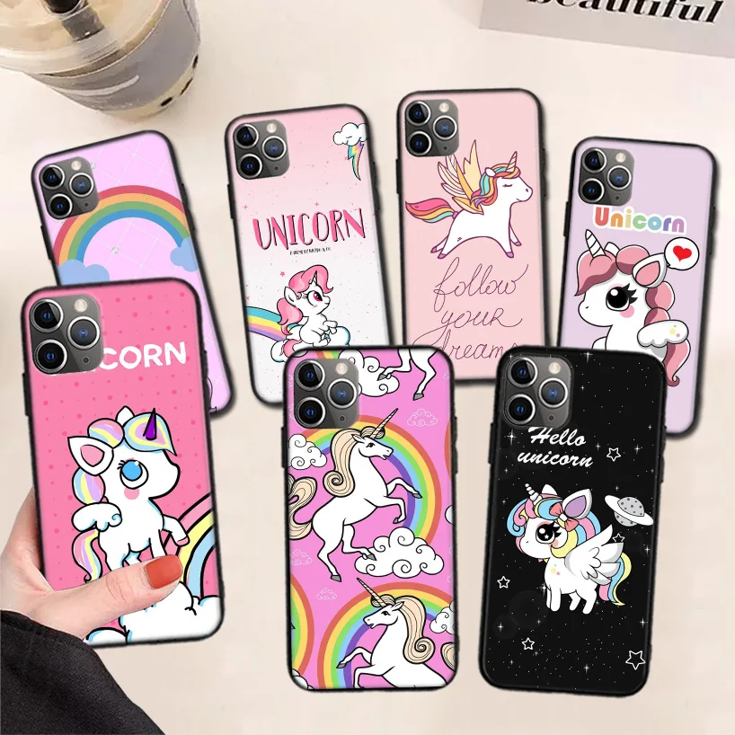 

Unicorn Pink Myth Cartoon Black Phone Case For Apple iPhone 11 13 Pro Max 12 Mini X XS XR 7 Plus 6 6S 8 + SE 5S Pattern Cover