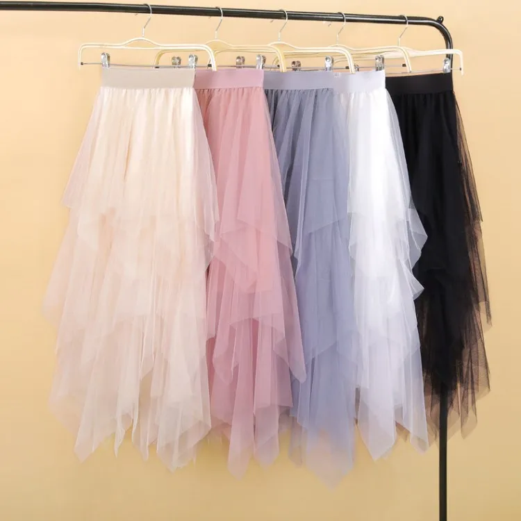 

2020 summer The New irregular Tulle Skirts Fashion Elastic High Waist Mesh Tutu Skirt Pleated Long Skirts Midi Skirt