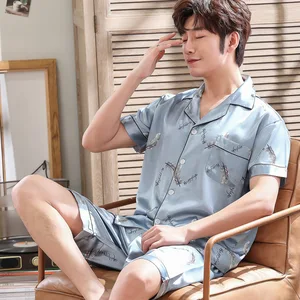 Пижамный комплект Мужской Атласный, Шелковый, футболка с принтом и шорты, одежда для сна с пуговицами, бренд Thoshine, весна, лето, осень