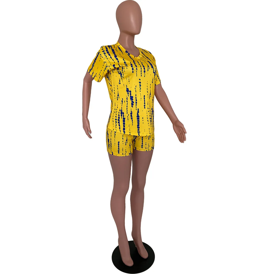 

2020 Summer New Hot Selling Sports Suit European and American Women 's Tie-Dye Printed Leisure T-Shirt Shorts Two - Piece Set