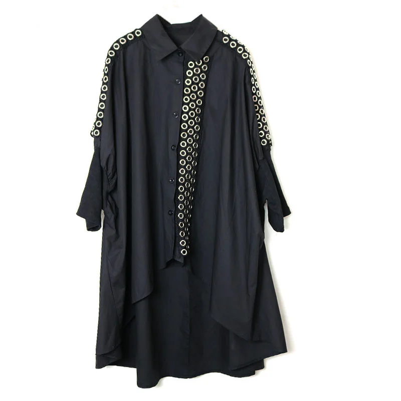 

IEQJ Solid Asymmetric Punk Women Personalized Bat Sleeve Lapel Collar Versatile Shirt New Fashion Tide 2021 Autumn GD1004